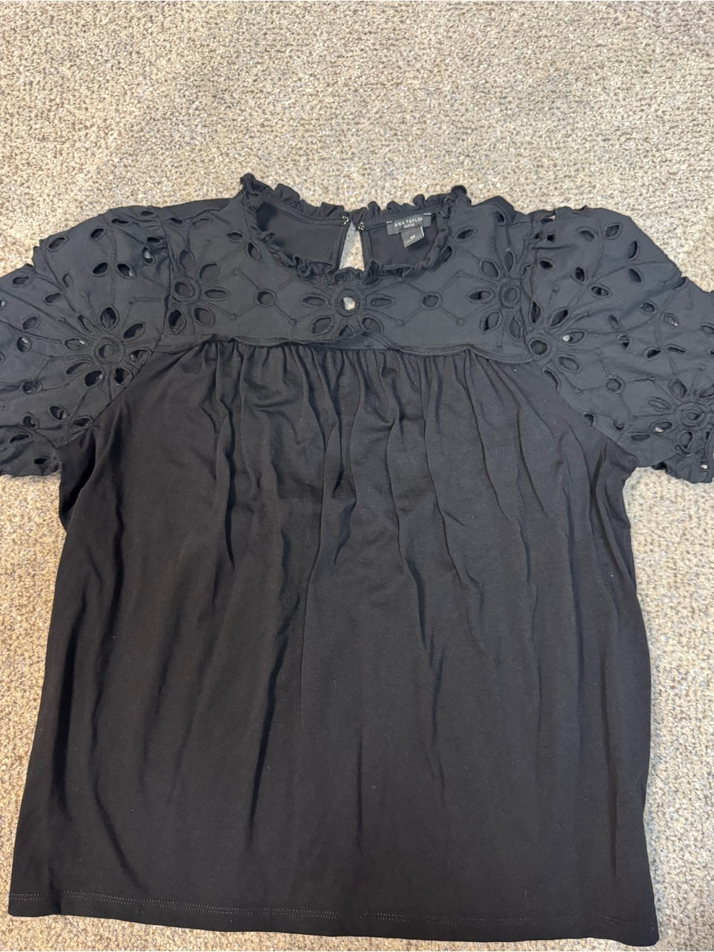 Ann Taylor Black Eyelet Yoke Puff Sleeve Top